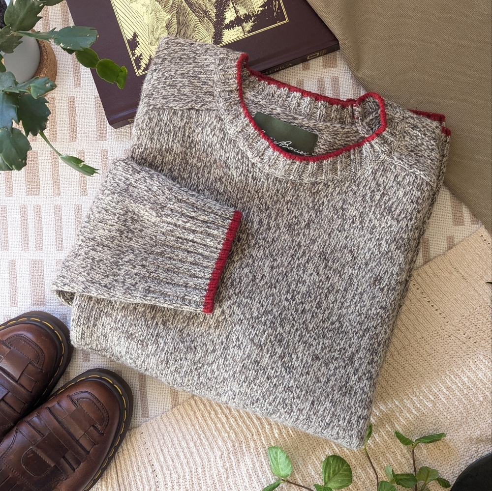 Eddie Bauer Marled Gray Crewneck Sweater with Red Trim